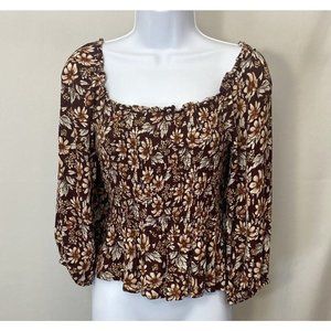 American Eagle Floral Smocked Square Neck Crop Blouse Long Sleeve Women's Medium
